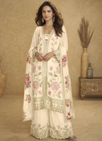 Vegaa Fashion Cream Floral Slit Style Designer Kurta Palazzo Suit | Grocsy
