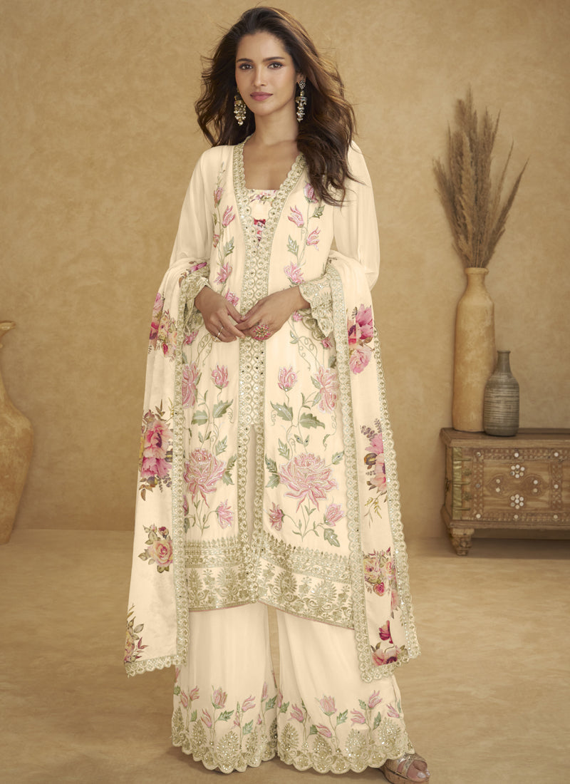 Vegaa Fashion Cream Floral Slit Style Designer Kurta Palazzo Suit | Grocsy