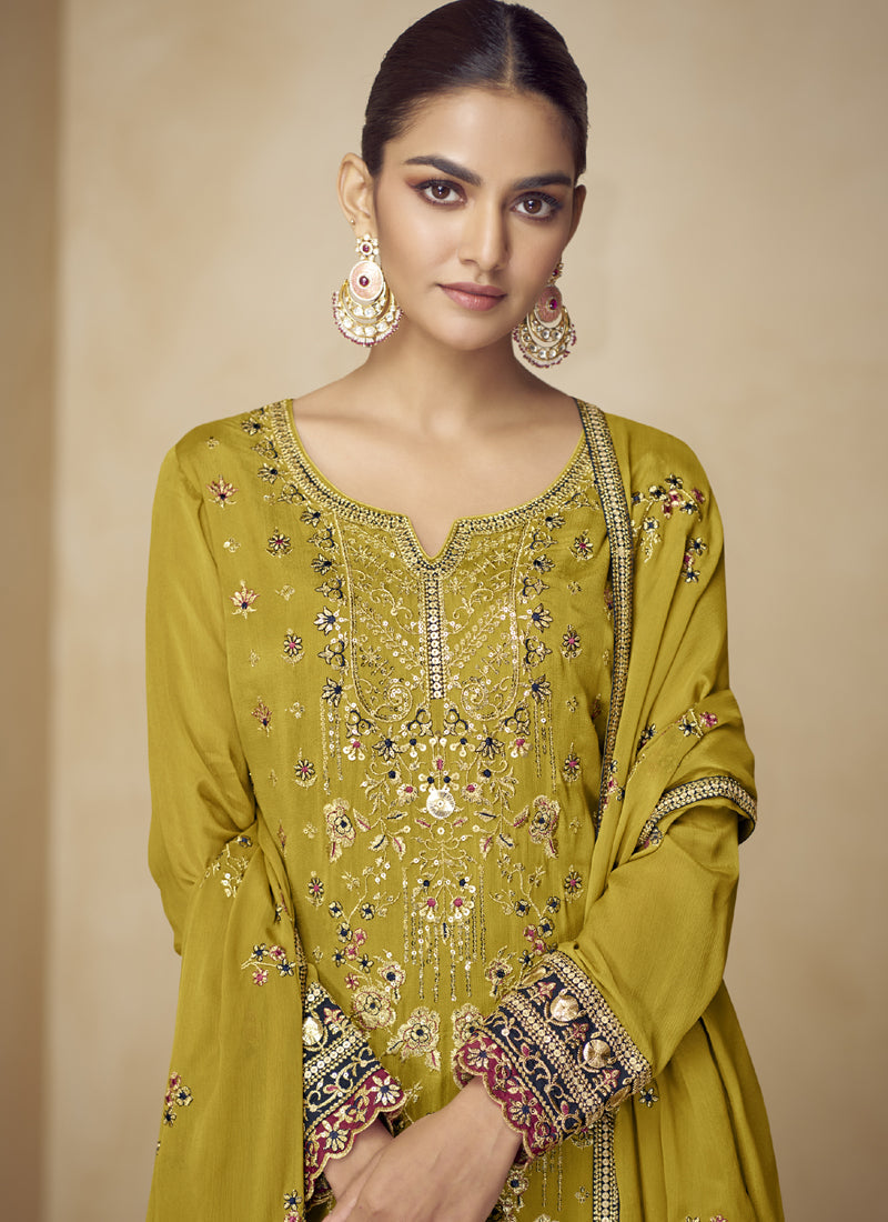 Vegaa Fashion Mustard Embroidered And Hand Work Kurta Palazzo Suit | Grocsy
