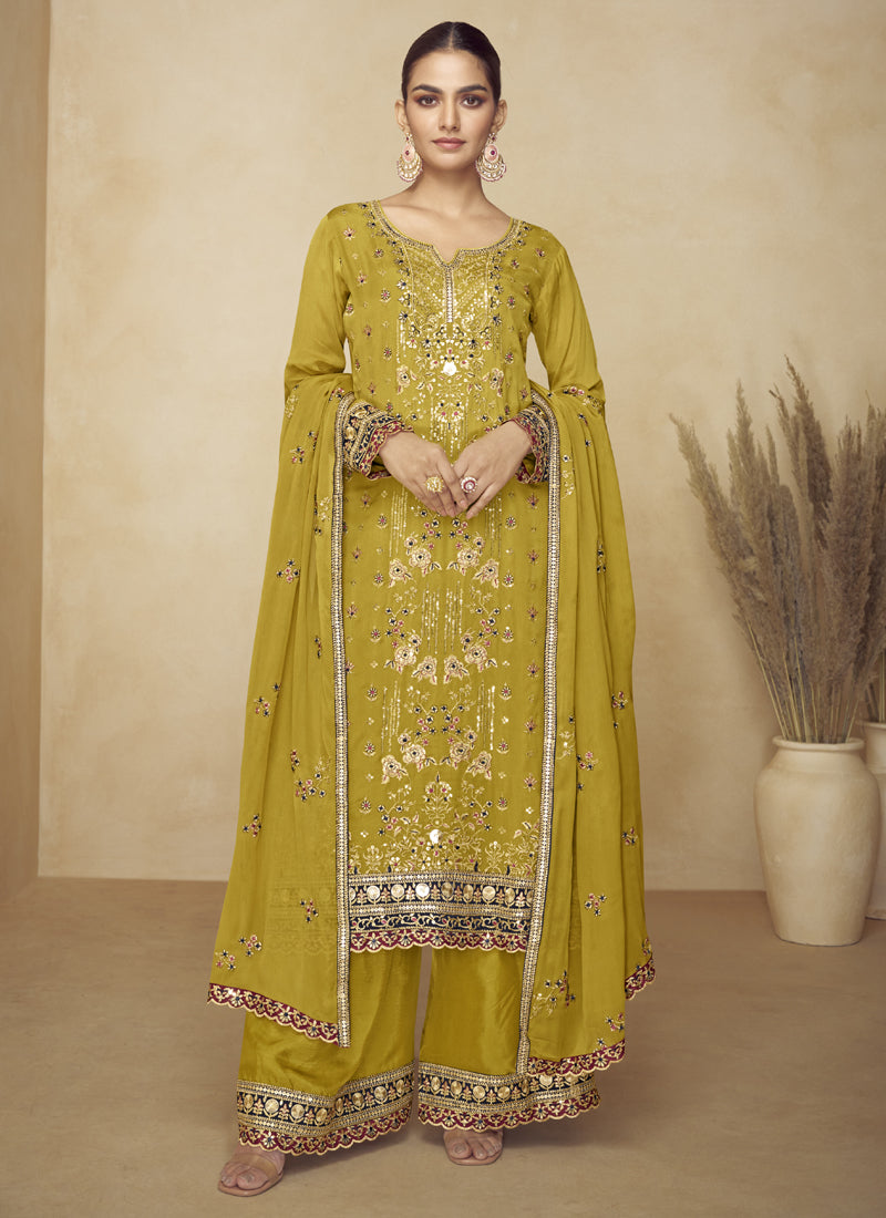 Vegaa Fashion Mustard Embroidered And Hand Work Kurta Palazzo Suit | Grocsy