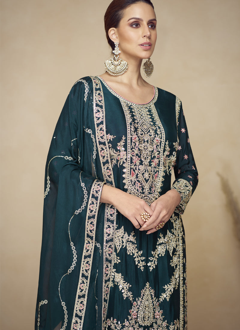 Vegaa Fashion Aqua Blue Embroidered And Hand Work Kurta Palazzo Suit | Grocsy