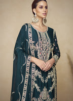 Vegaa Fashion Aqua Blue Embroidered And Hand Work Kurta Palazzo Suit | Grocsy
