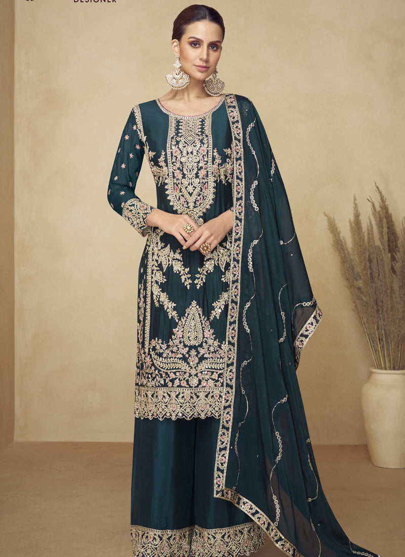 Vegaa Fashion Aqua Blue Embroidered And Hand Work Kurta Palazzo Suit | Grocsy