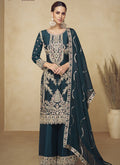 Vegaa Fashion Aqua Blue Embroidered And Hand Work Kurta Palazzo Suit | Grocsy