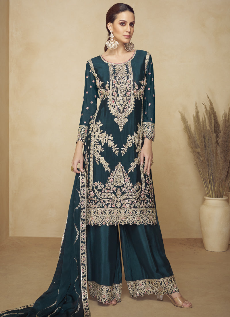 Vegaa Fashion Aqua Blue Embroidered And Hand Work Kurta Palazzo Suit | Grocsy