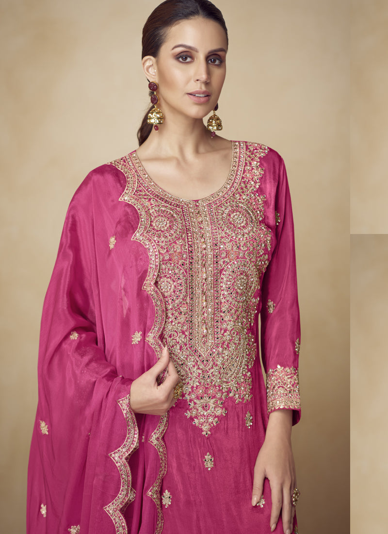 Vegaa Fashion Pink Embroidered And Hand Work Kurta Palazzo Suit | Grocsy