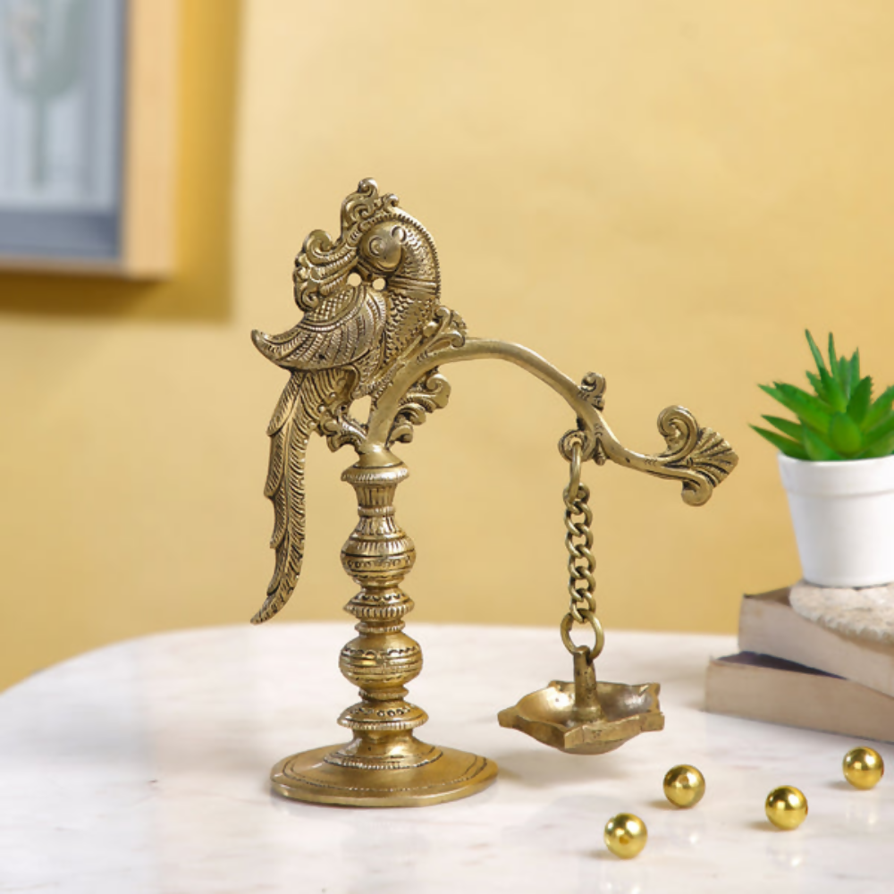 CraftVatika Brass Traditional Peacock Diya Oil Lamp Hanging Showpiece | Grocsy