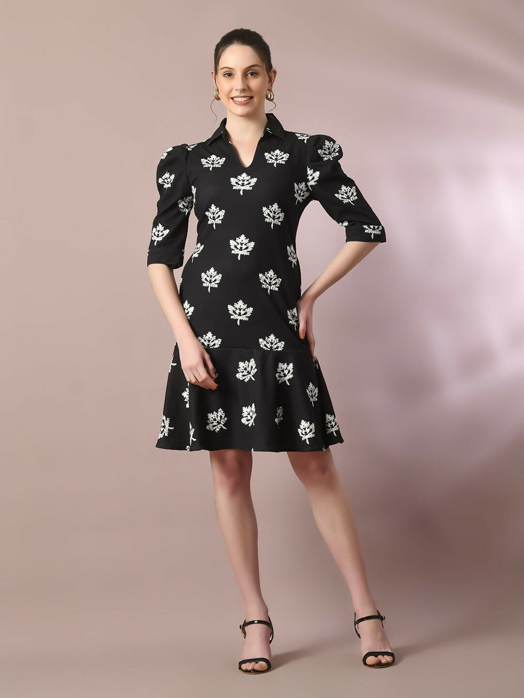 Myshka Women's Black Printed Shirt Collar Fit and Flare Party Dress | Grocsy