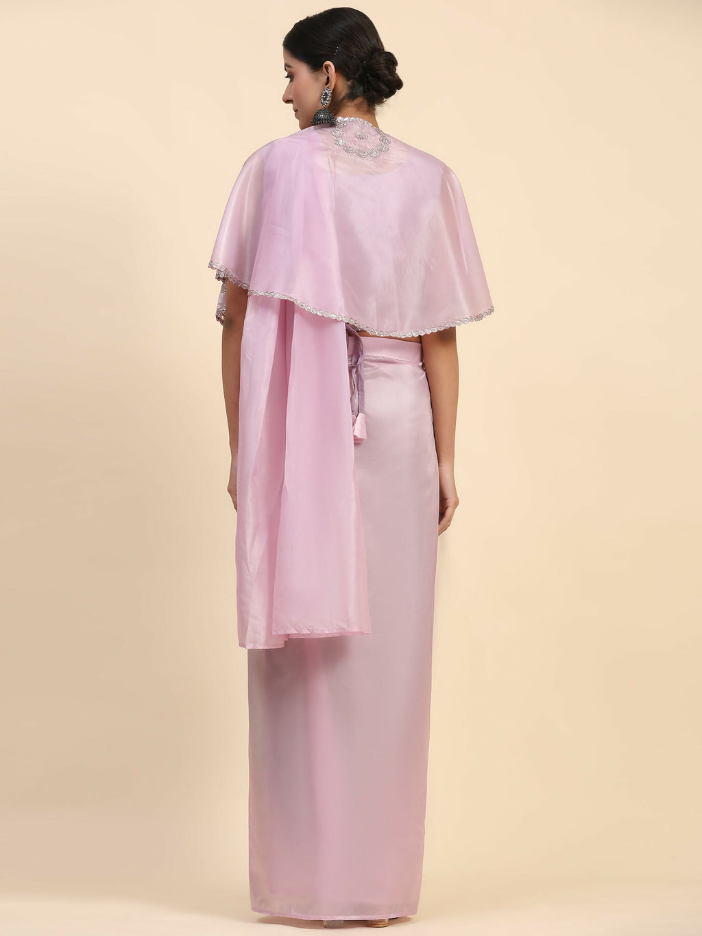 Light Lavendar Satin Solid Ready to wear Saree with stitched Blouse - Vanita | Grocsy