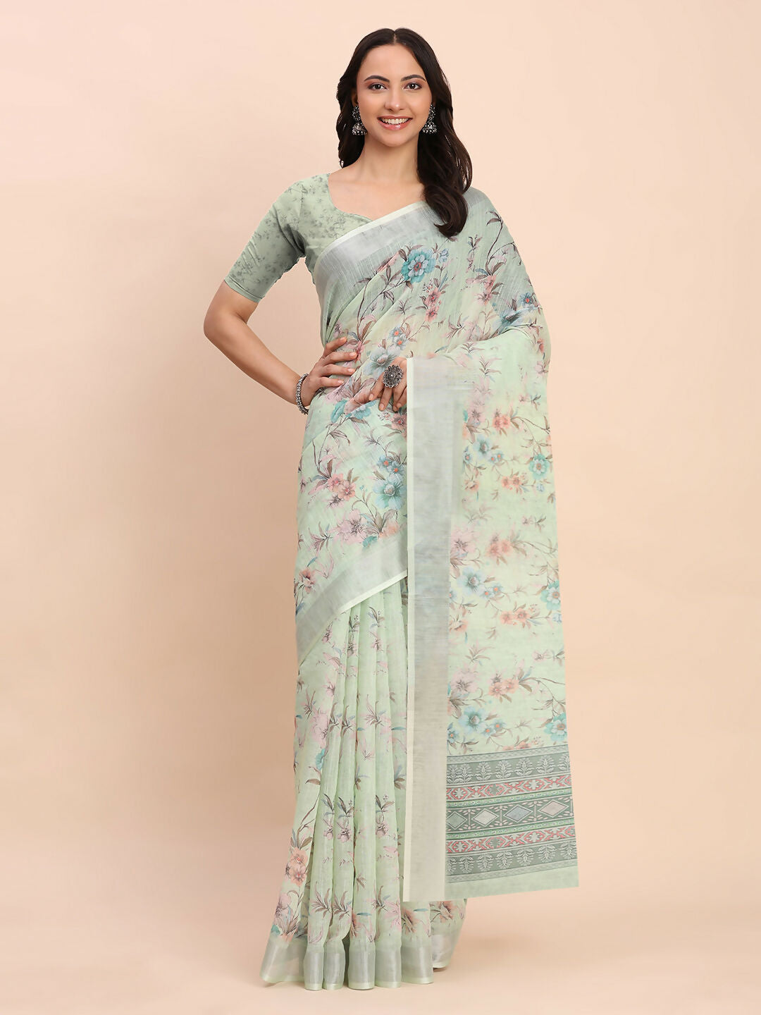 Shree Shyam Fashion Linen Cotton Light Green Saree | Grocsy