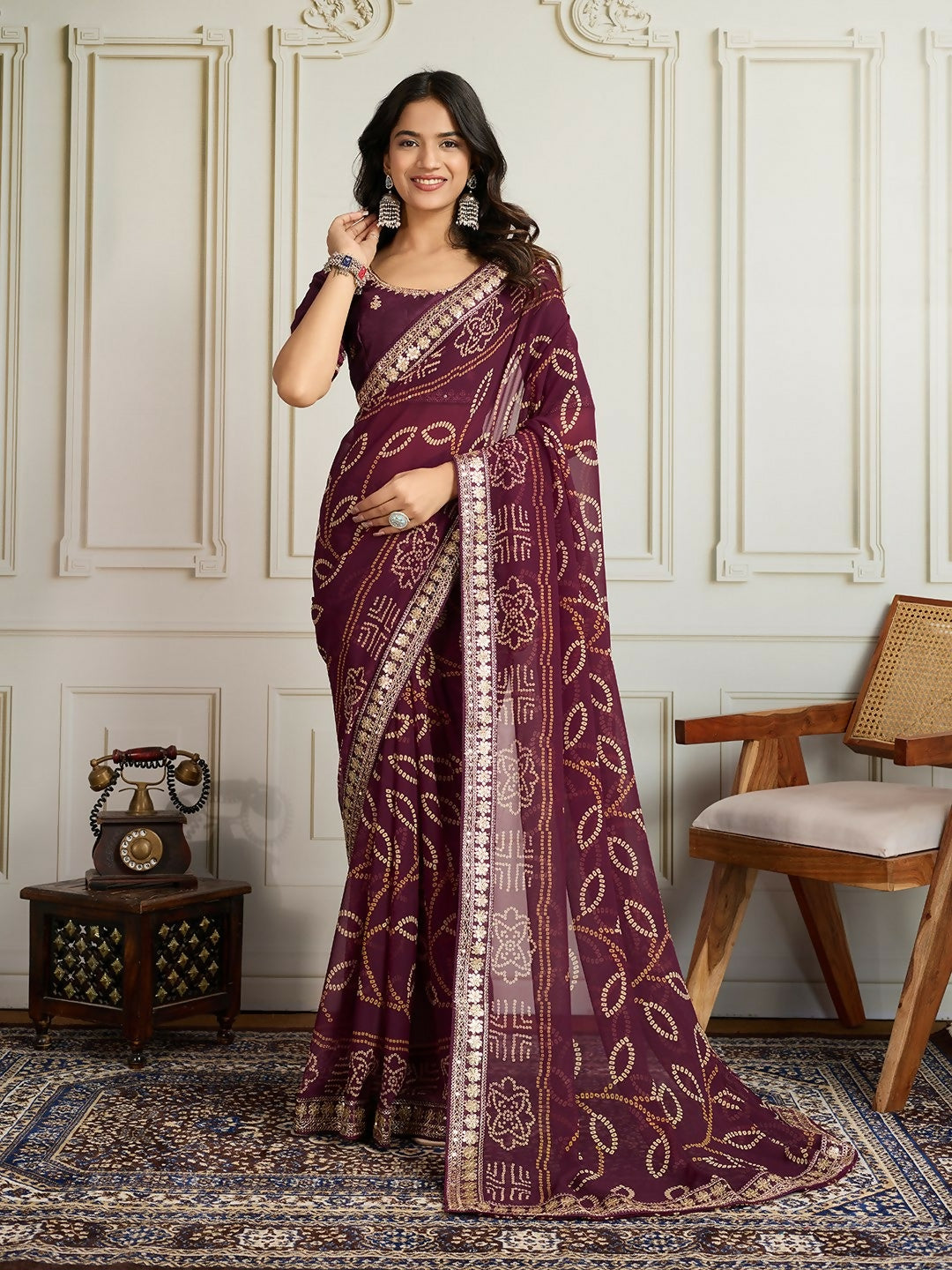 Ai Fashion Wine Georgette Rajwadi Bandhani Print Party Wear Saree | Grocsy