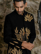 Black Bandhgala With Embroidery-Leaves by Hilo Design | Grocsy