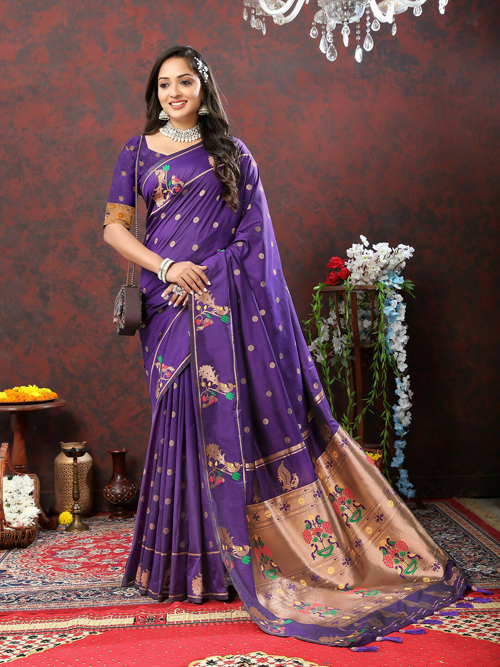 Lorenvalley Fashion Purple Soft Paithani Silk Woven Design Copper Zari Meenakari Weaving Saree | Grocsy