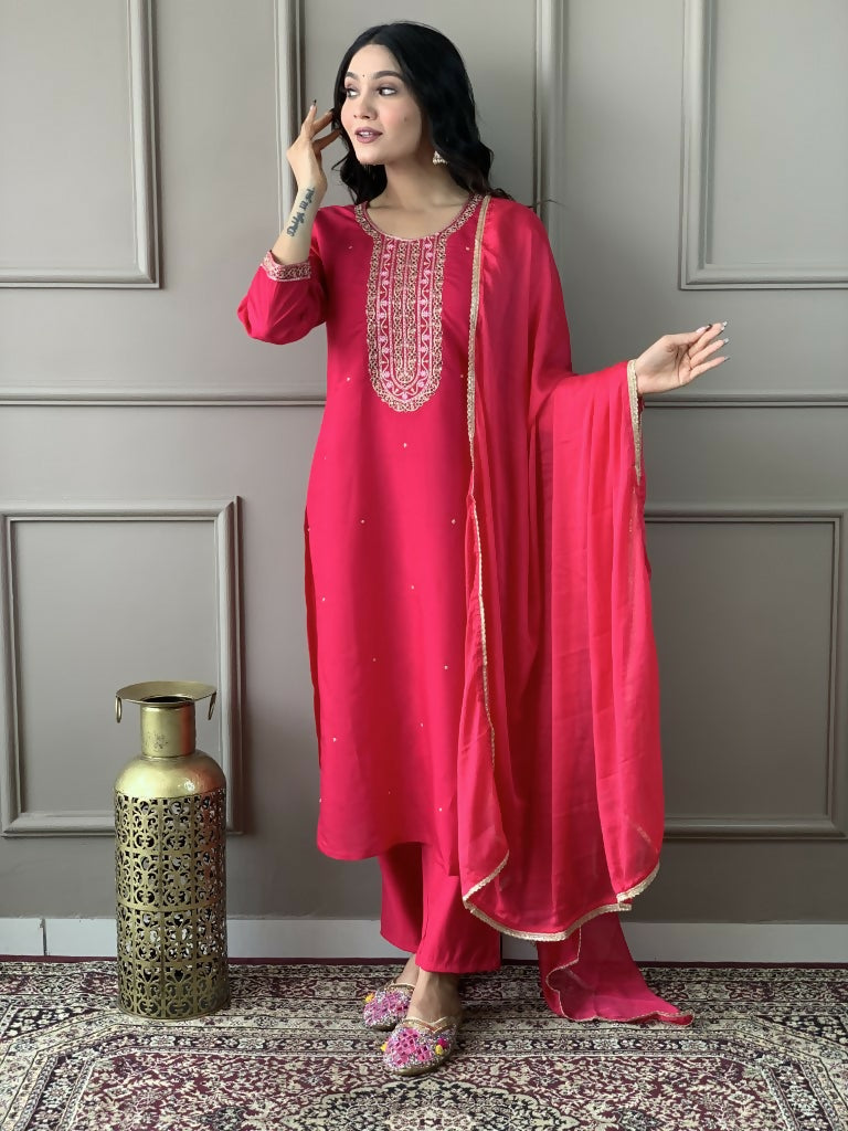 Rani Viscose chanderi Stitched Suit With Dupatta - Tanisha | Grocsy