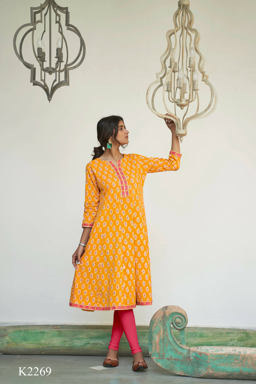 Mustard Cotton Paisley Printed A line Kurta - Prasuti | Grocsy