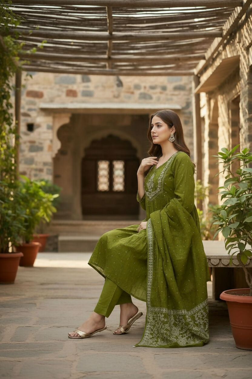 The52 Women's Beautiful Cotton Fabric Embroidery Work Flared Anarkali Pant and Dupatta Set | Grocsy