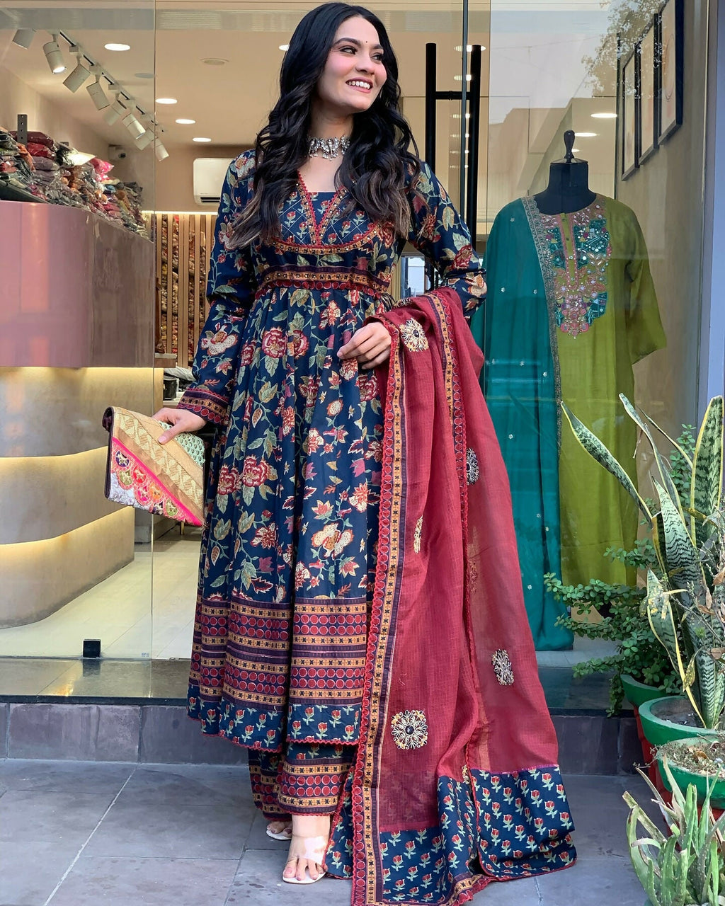 The52 Women's Beautiful Cotton Fabric Printed Work Flared Kurta Palazzo and Dupatta Set | Grocsy
