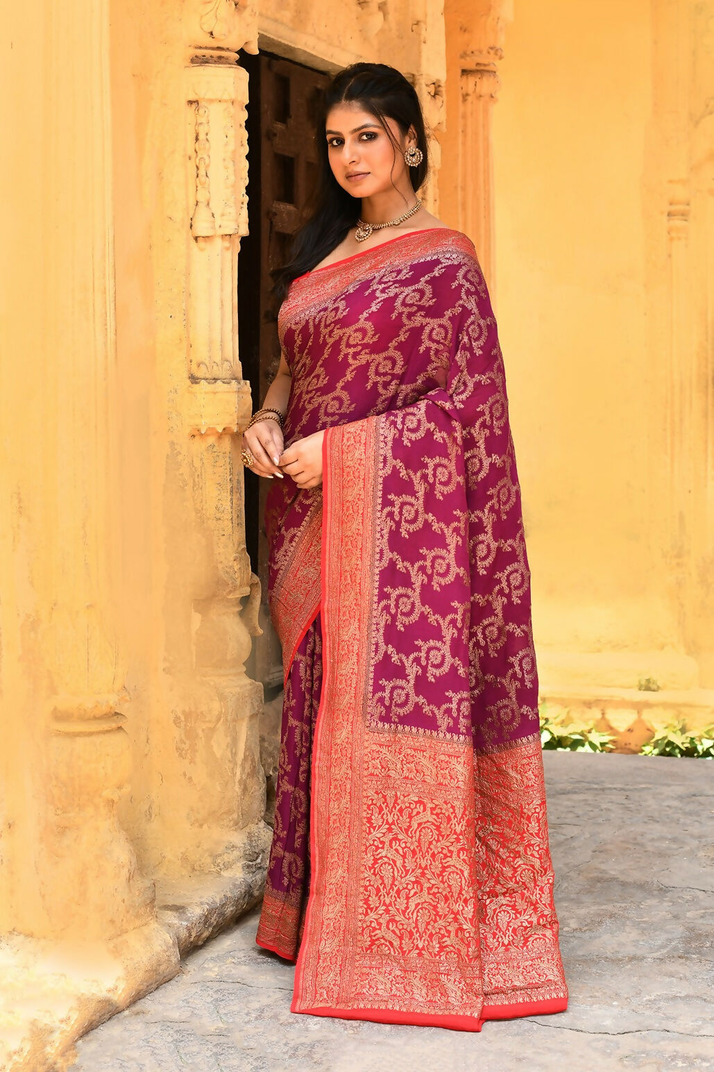 Joban Fashion Hot Pink Crepe Chiffon Pure Handloom Banarasi Silk Saree | Grocsy