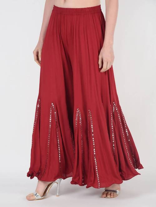 Mominos Fashion Maroon Viscose Rayon Flared Palazzo with Mirror Lace Work | Grocsy