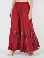Mominos Fashion Maroon Viscose Rayon Flared Palazzo with Mirror Lace Work | Grocsy