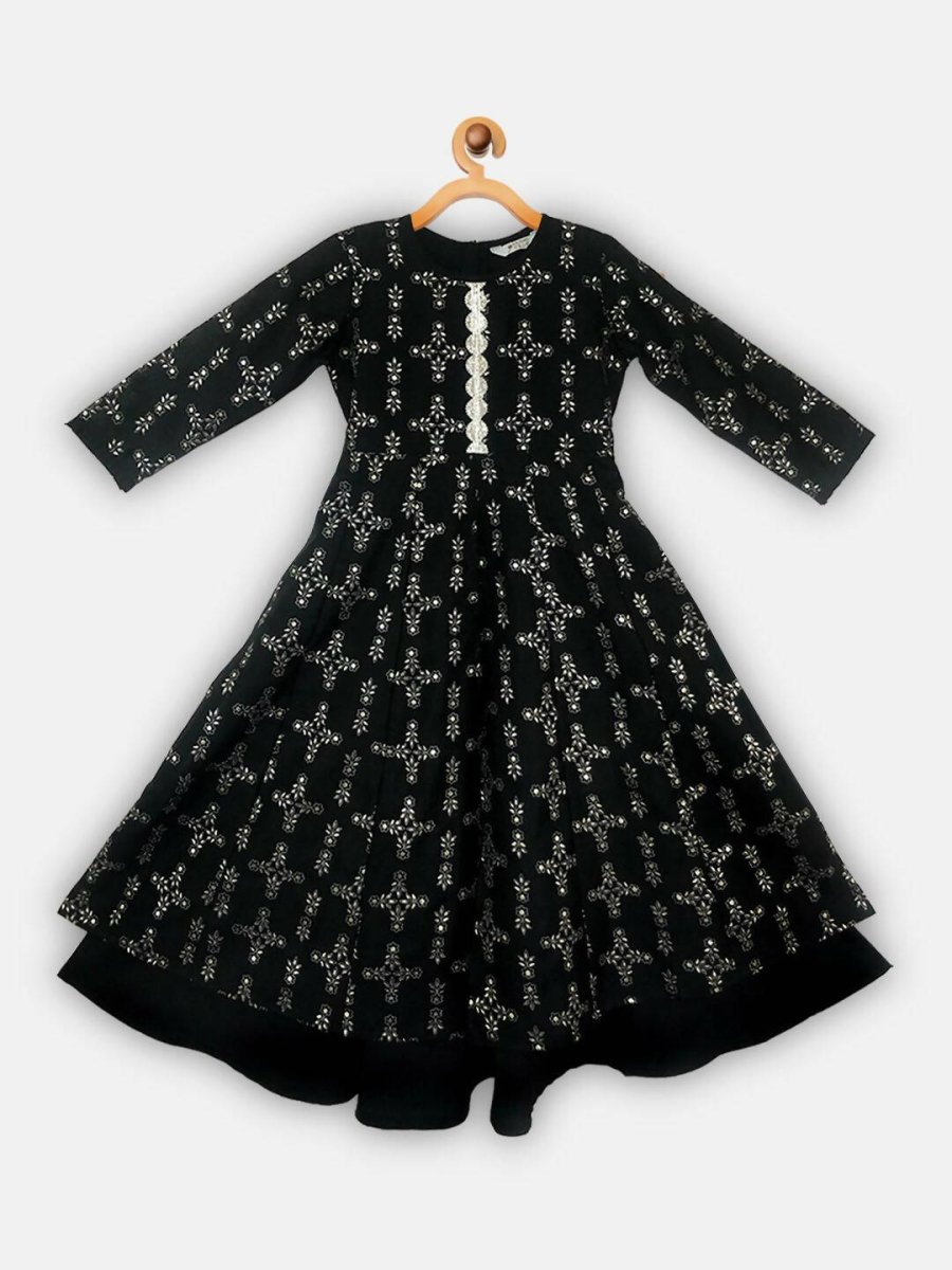 Ahalyaa Black Chanderi Gold Foil Printed Kids Dress For Girls | Grocsy