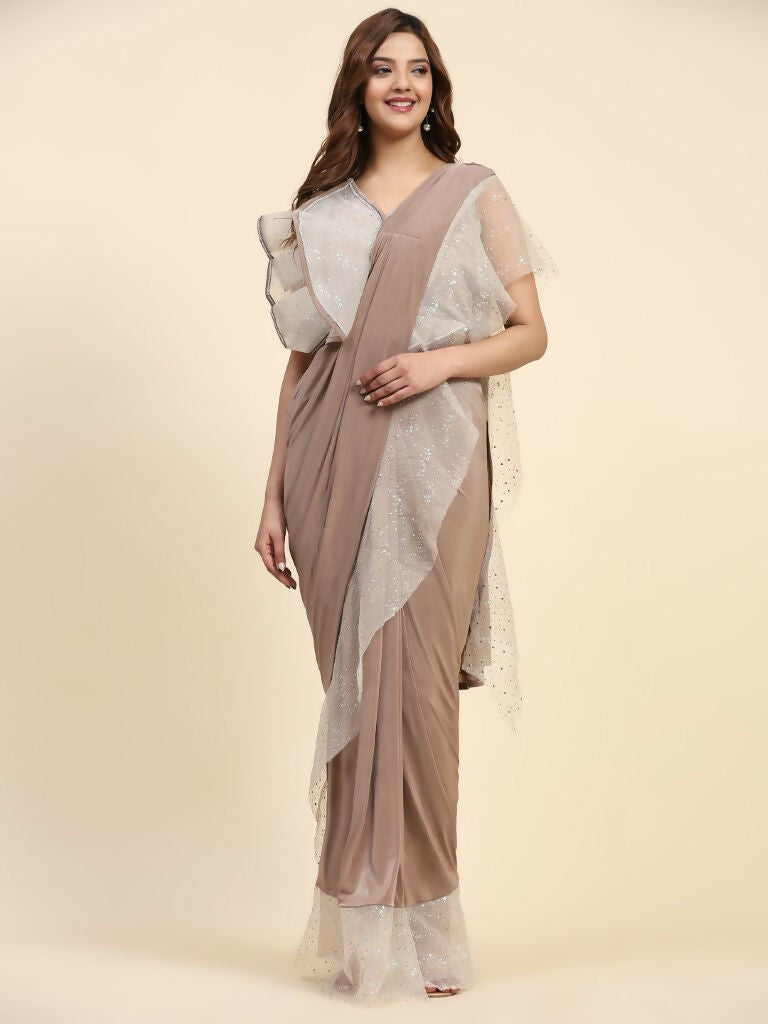 Light Brown Lycra Solid Ready to Wear Saree with stitched Blouse - Nita | Grocsy