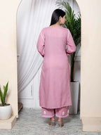 Miravan Women's Chikankari Embroidery Pink Straight Kurta & Palazzo Set | Grocsy