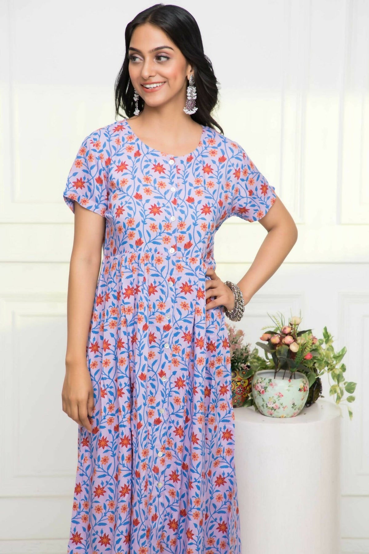 Myshka Women Purple Floral Rayon A-Line Round Neck Dress | Grocsy