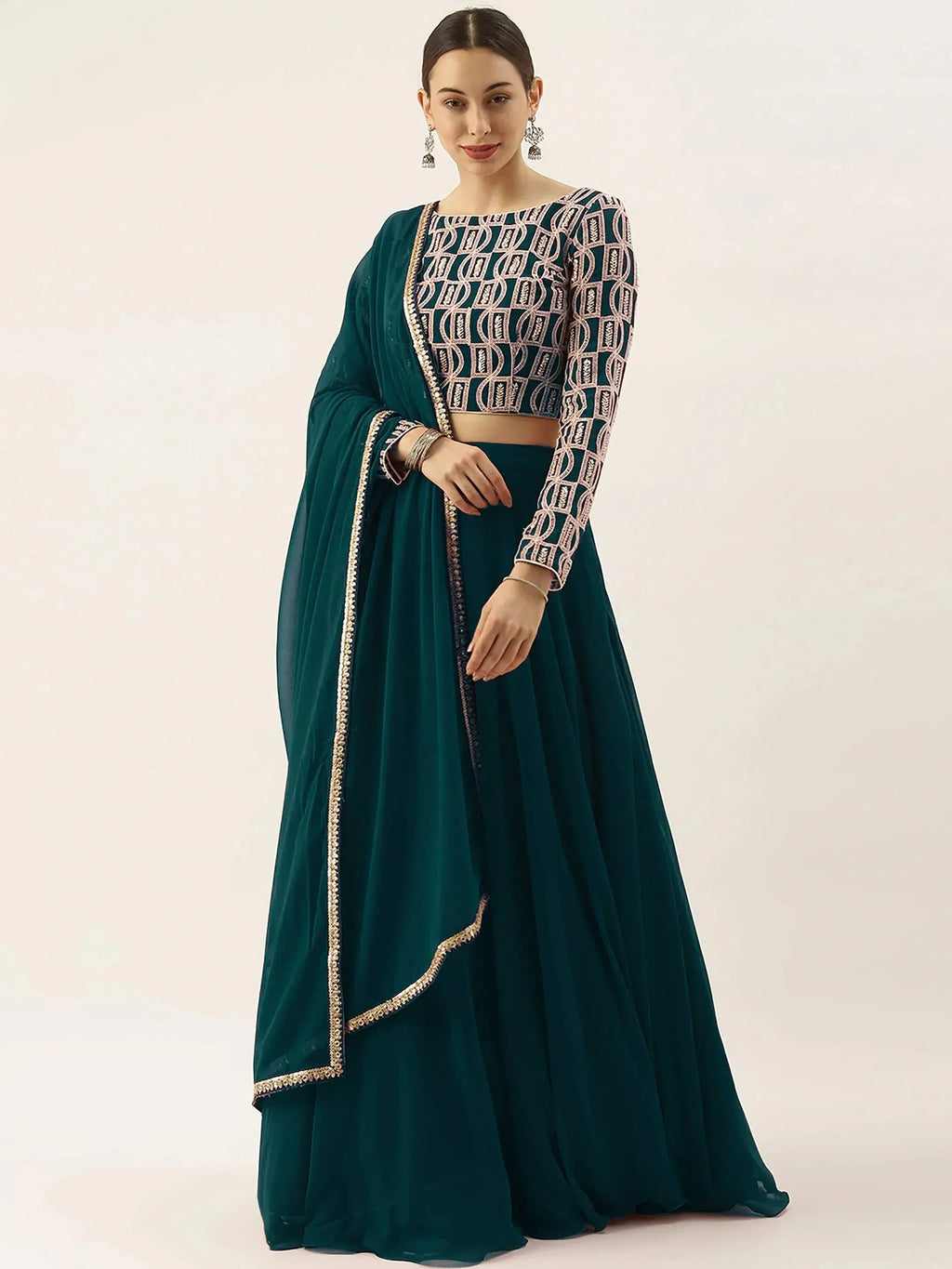 Tulsi Art Beautiful Green Thread Work Georgette Festival Wear Lehenga Choli | Grocsy