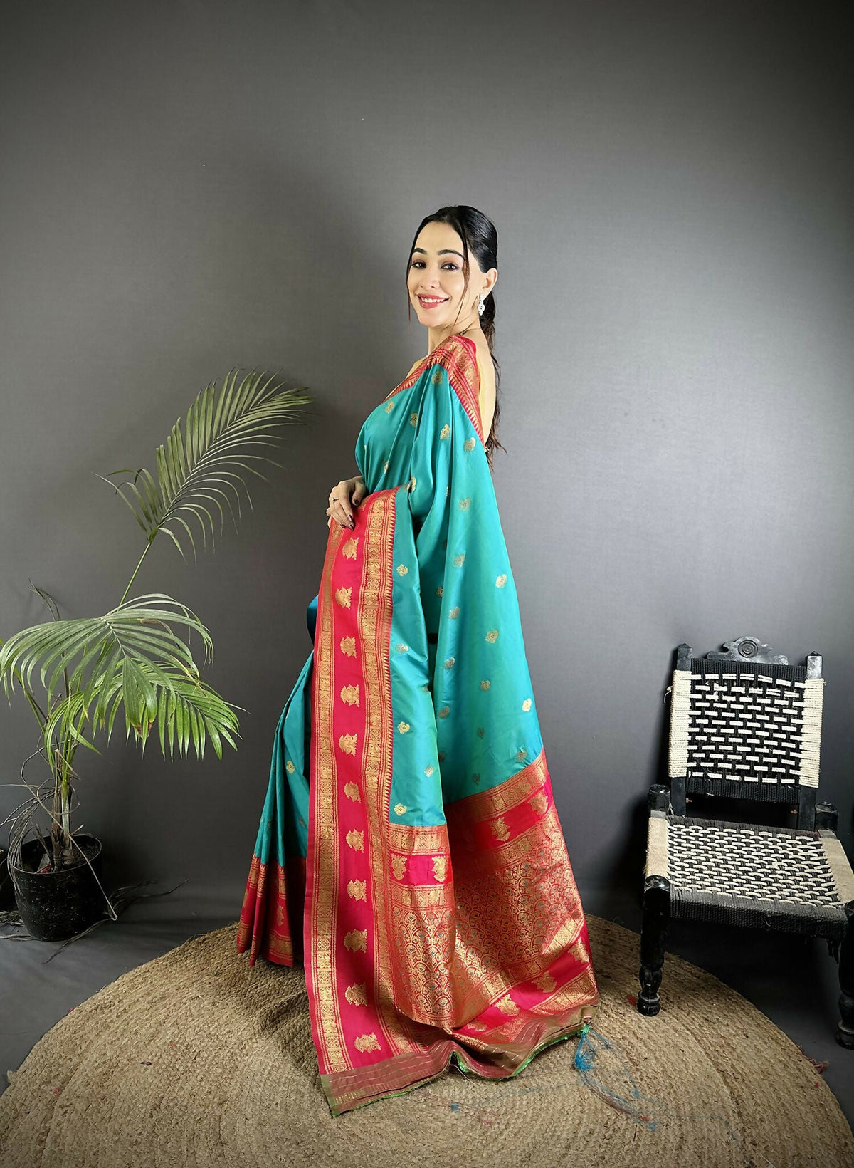 Joban Fashion Sea Green Banarasi Soft Silk Woven Butti Saree | Grocsy