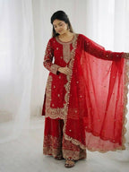 Teeya Creation Red Color Fendy Silk Embroidery Work Wedding Wear Salwar Suit | Grocsy