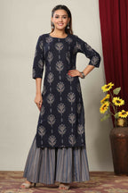 Miravan Women's Blue & Grey Printed Pure Cotton Kurta With Sharara | Grocsy