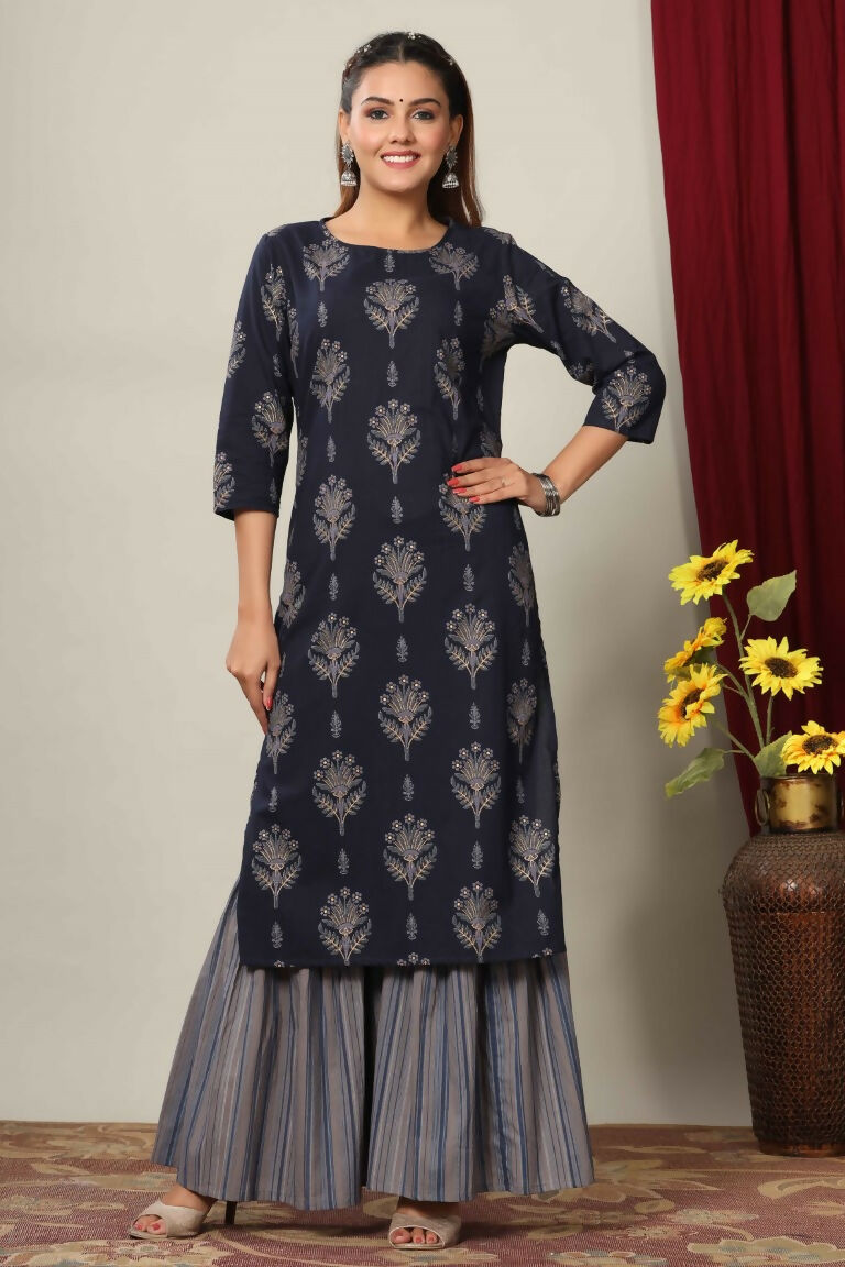 Miravan Women's Blue & Grey Printed Pure Cotton Kurta With Sharara | Grocsy