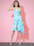 Myshka Women's Blue Floral Printed Fit and Flare Dress | Grocsy