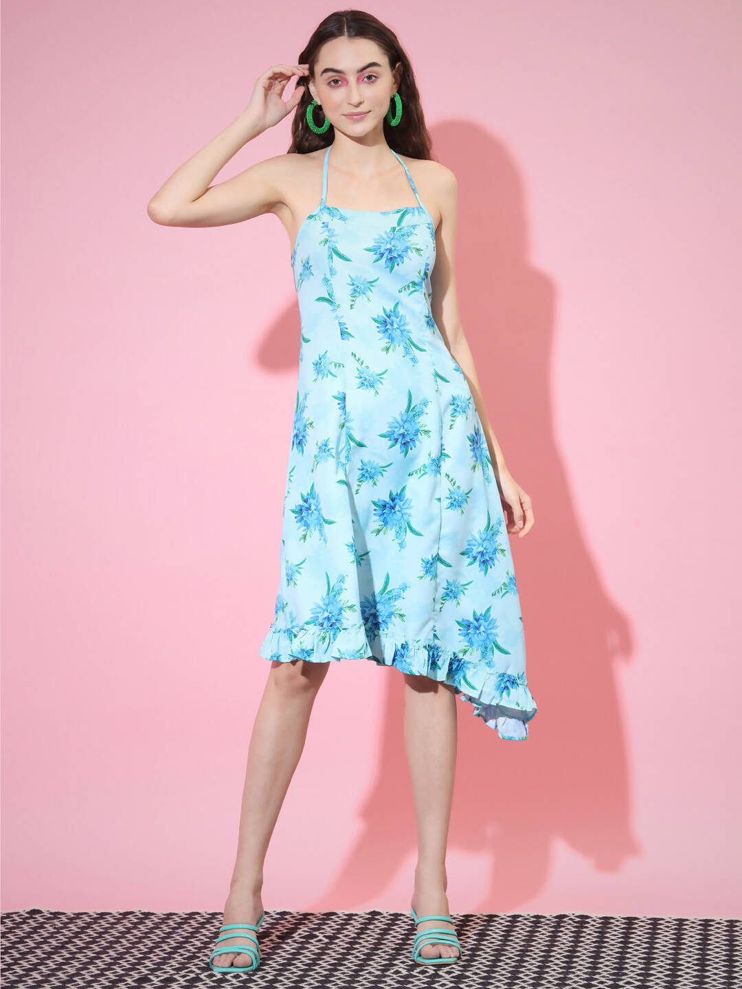 Myshka Women's Blue Floral Printed Fit and Flare Dress | Grocsy