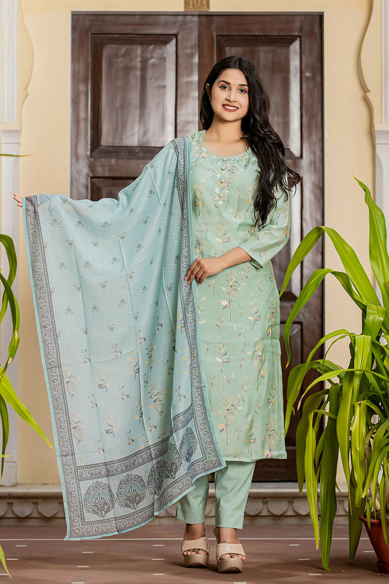 Kaajh Women's Sky Blue Printed Modal Silk Suit Set | Grocsy