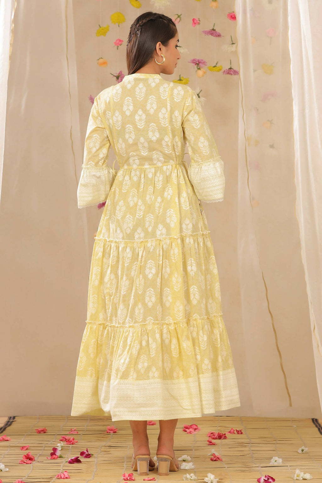 Juniper Womens Limeyellow Cambric Printed Tiered Dress With Flared Sleeve | Grocsy