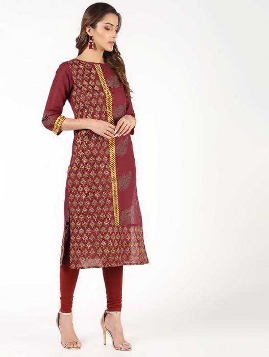 Aniyah Cotton Block Printed Maroon Straight Kurta (AN-141K) | Grocsy