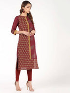 Aniyah Cotton Block Printed Maroon Straight Kurta (AN-141K) | Grocsy