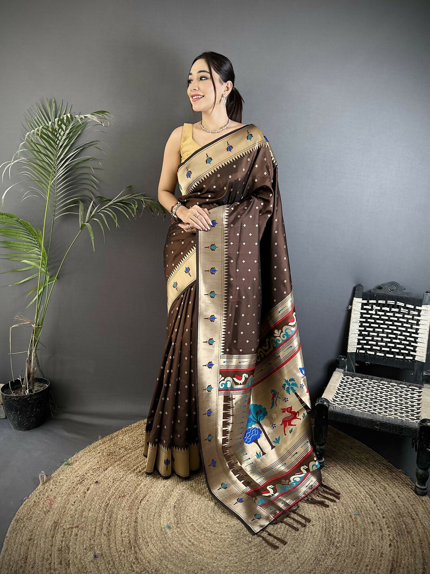Joban Fashion Brown Peacock & Floral Motifs Soft Lichi Silk Kanchipuram Saree | Grocsy