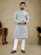 Anaita Grey Lucknowi Work Silk Straight Kurta | Grocsy