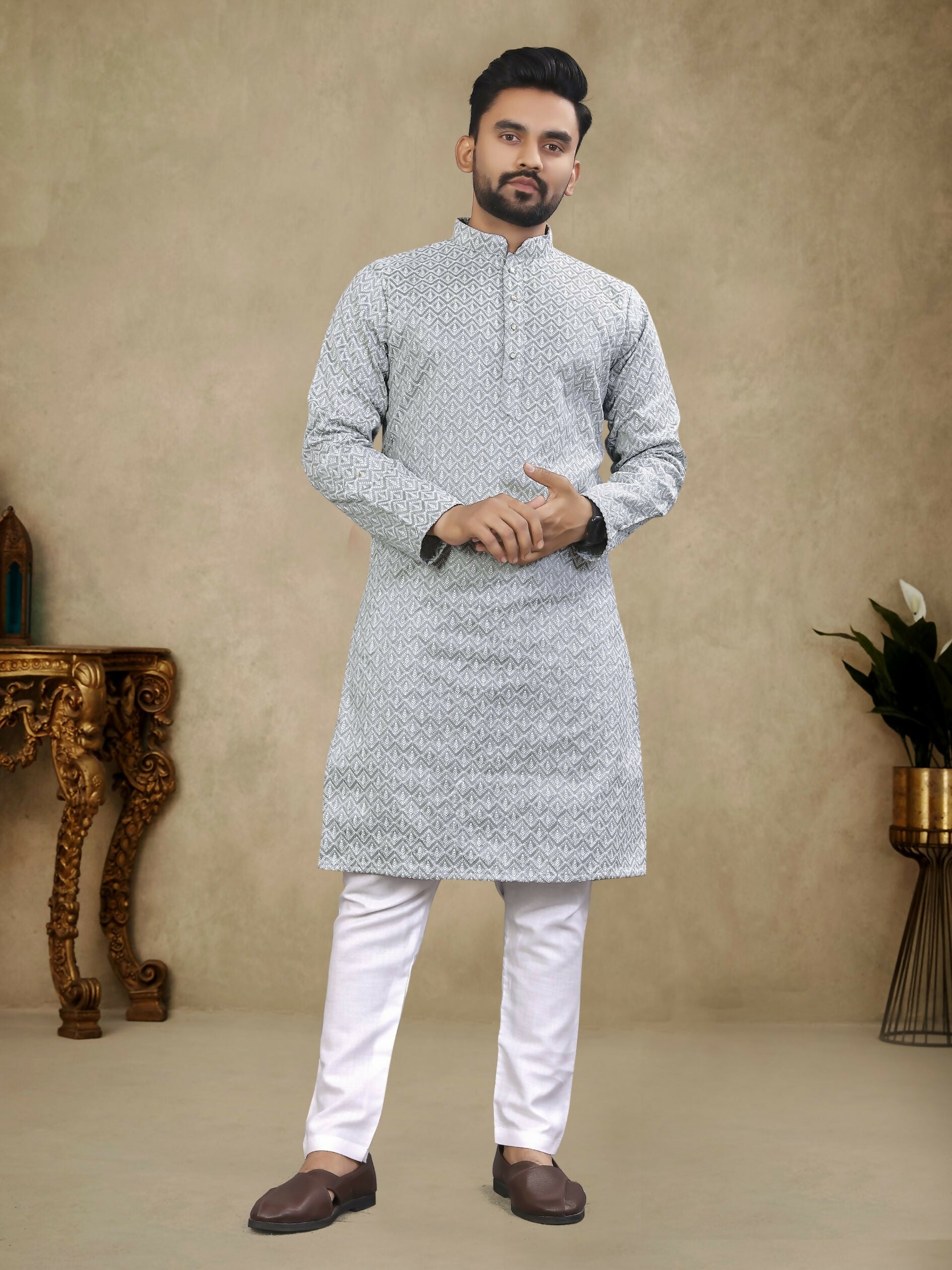 Anaita Grey Lucknowi Work Silk Straight Kurta | Grocsy