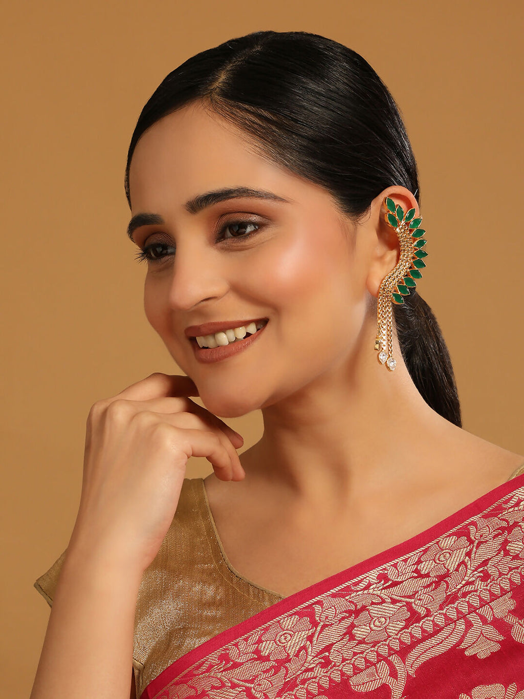 Nuyug 22K Gold Plated Faux Emerald Studded Contemporary Ear Cuff Earrings | Grocsy
