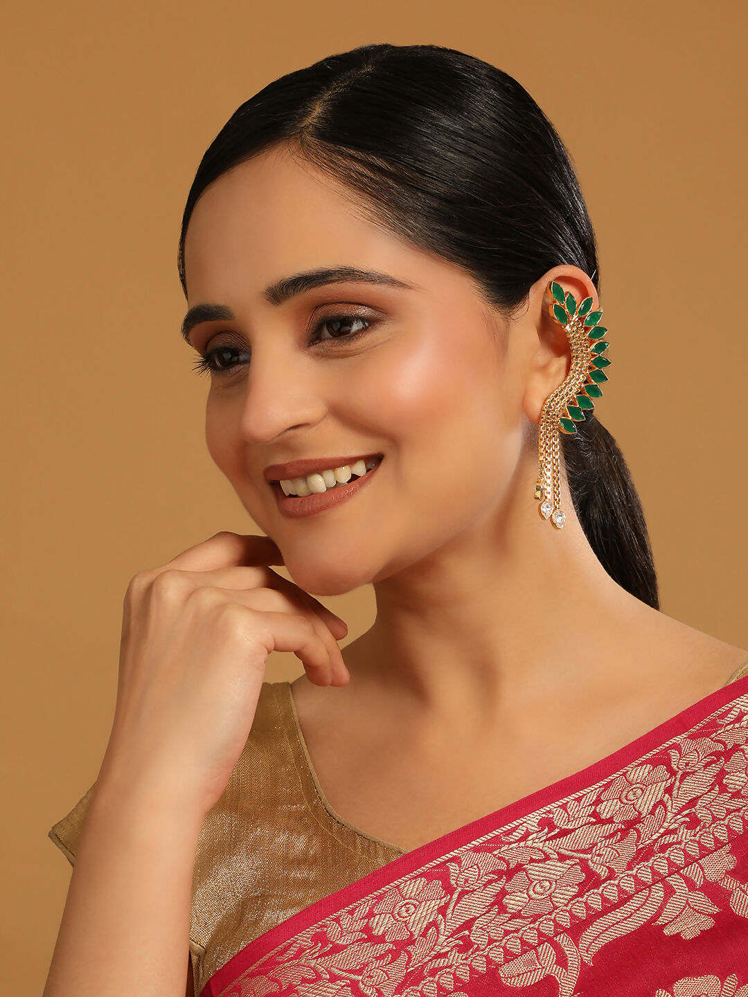 Nuyug 22K Gold Plated Faux Emerald Studded Contemporary Ear Cuff Earrings | Grocsy