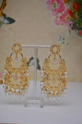 Meenakari Work Gold-Polished 2 Layered Beaded Golden Chandbali Earrings with Kundan and Pearl Work By House of Ree - House of Ree