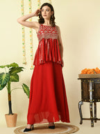 Myshka Women's Red Georgette Top With Skirt Party Sets | Grocsy