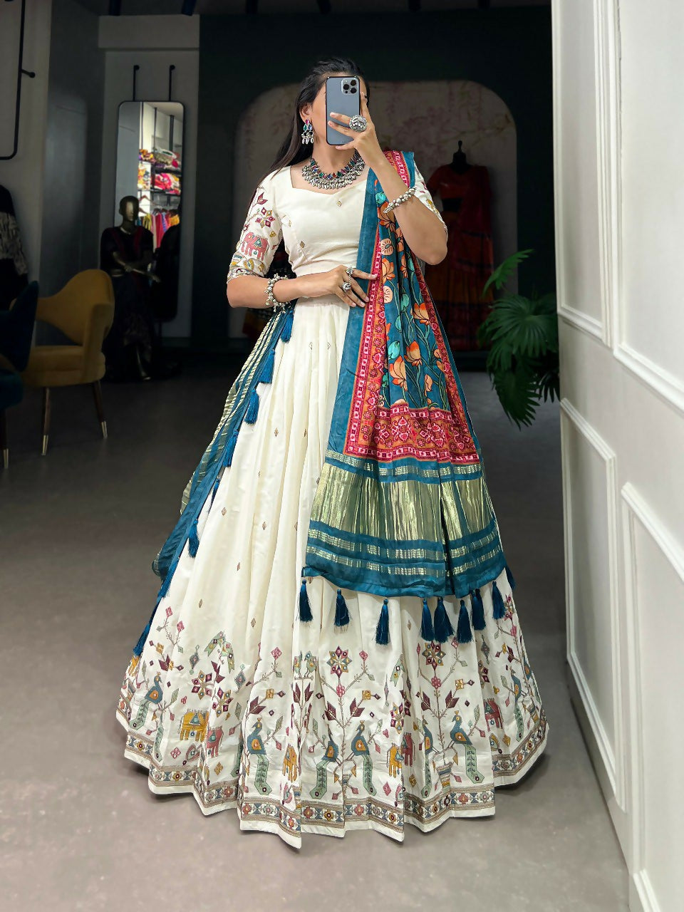 Vastranavya Traditional Special Khadi Cotton Sequins And Thread Embroidery Work Lehenga with Unstitched Blouse - White | Grocsy