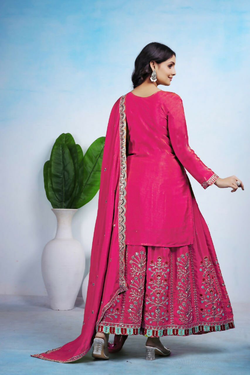 Teeya Creation Pink Color Chinon Silk Wedding Wear Trending Palazzo Set | Grocsy
