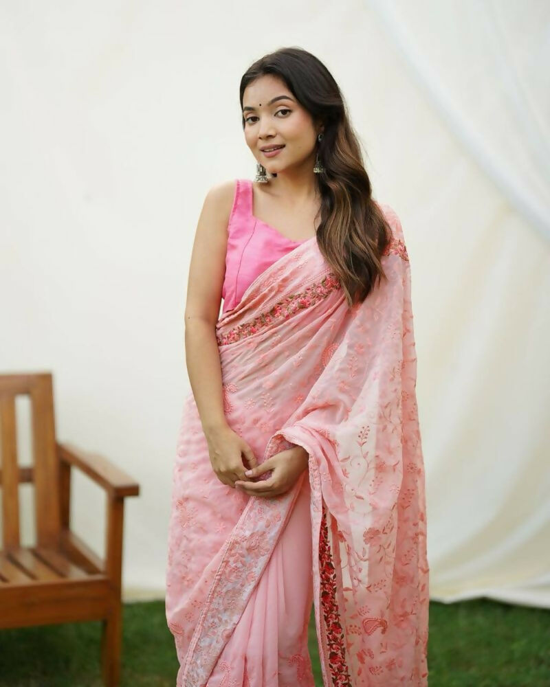 Vamsee Jasmin Peach Uae Georgette Saree | Grocsy