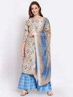 Myshka Women's Multi Color Printed Cotton Blend 3/4 Sleeve Round Neck Casual Kurta Palazzo Dupatta Set | Grocsy